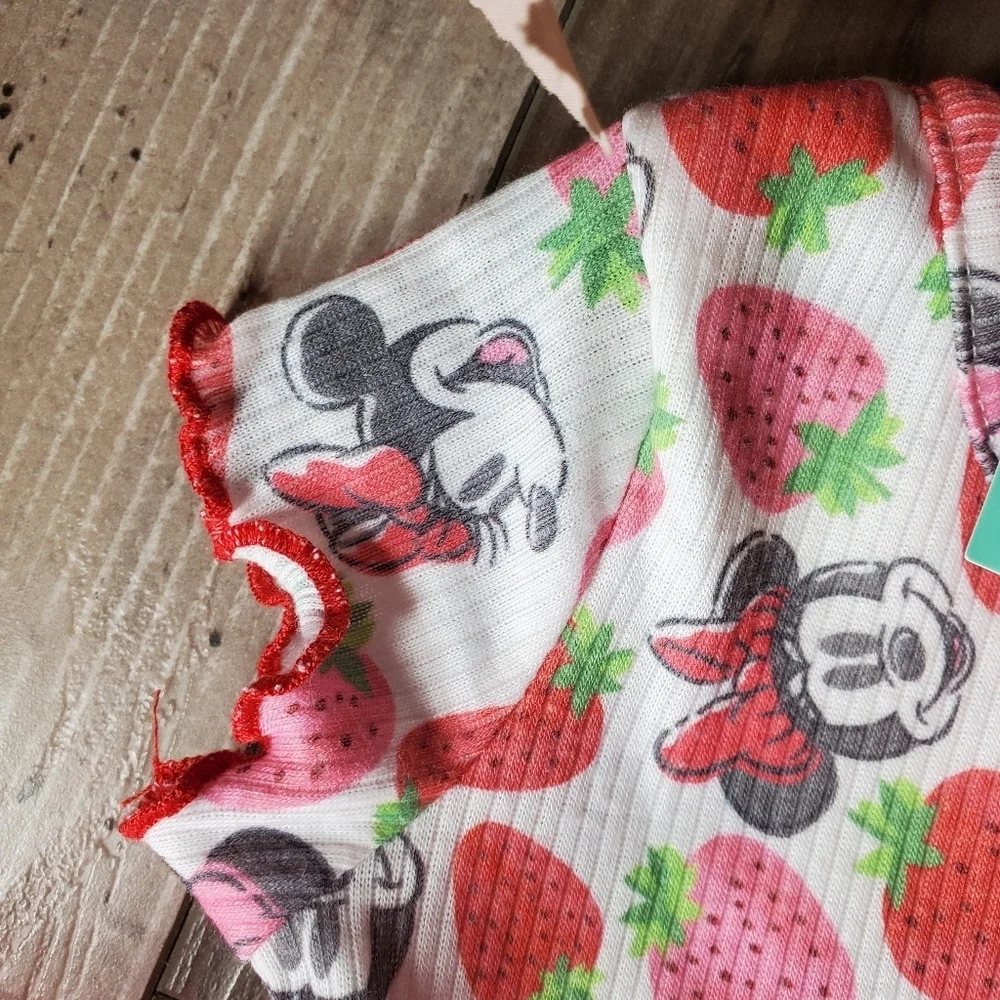 NWT Disney Baby Minnie Mouse Red & Pink Strawberry Romper w/ Headband 6/9 Months